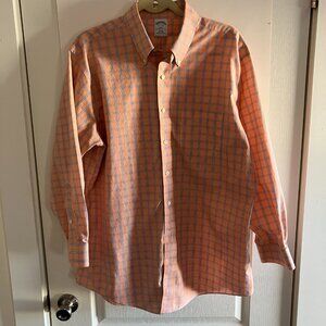 Brooks Brothers Dress Shirt Mens 17 - 2/3 Blue Orange Plaid Fit Non Iron 346.